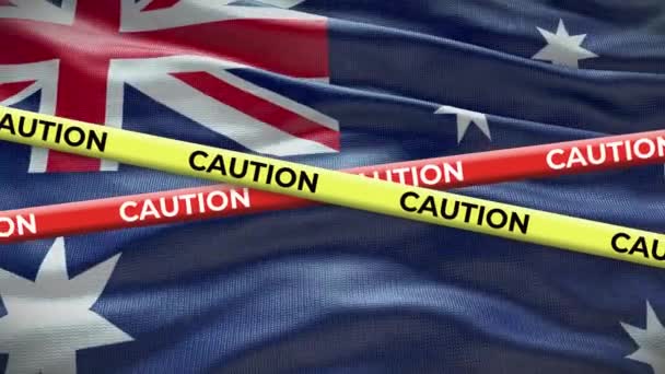 Australijska Flaga Narodowa Animacją Taśmą Ostrzegawczą Zagadnienie Społeczne Kraju Ilustracja — Wideo stockowe