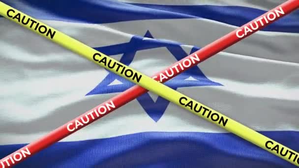 Izraelska Flaga Narodowa Taśmą Ostrzegawczą Zagadnienie Społeczne Kraju Ilustracja Wiadomości — Wideo stockowe