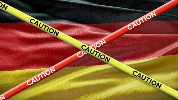 Alemanha Bandeira Nacional País Com Cautela Fita Amarela Emissão Notícias — Fotografia de Stock
