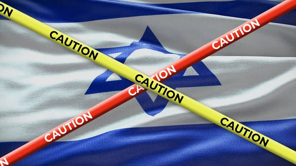 stock image Israel country national flag with caution yellow tape. Issue in country news. 3D illustration.