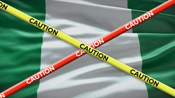 尼日利亚国家国旗小心黄色带子 国家新闻中的问题 3D插图 — 图库照片