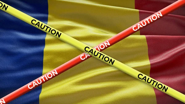 stock image Romania country national flag with caution yellow tape. Issue in country news. 3D illustration.