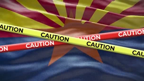 Arizona Stato Bandiera Sventolando Sfondo Con Giallo Cautela Nastro Animazione — Video Stock