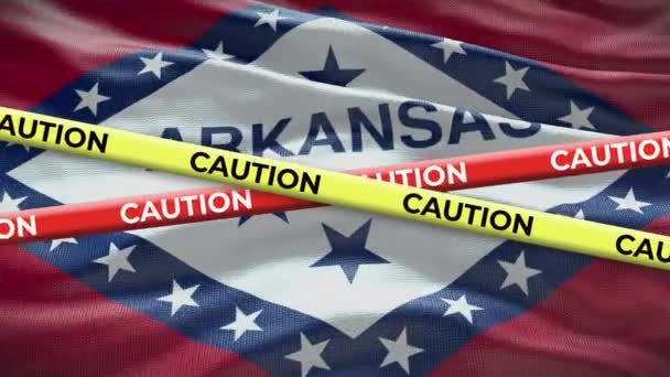 Arkansas Stato Bandiera Sventolando Sfondo Con Giallo Cautela Nastro Animazione — Video Stock