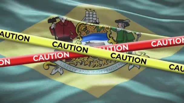 特拉华州旗挥动背景黄色警戒带动画 — 图库视频影像