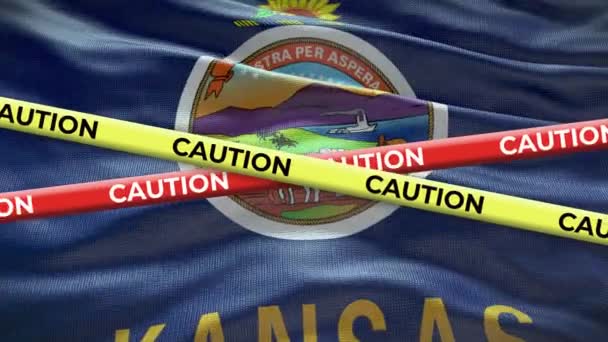 Kansas Stát Vlajky Mávání Pozadí Žlutou Varovný Pásek Animace — Stock video