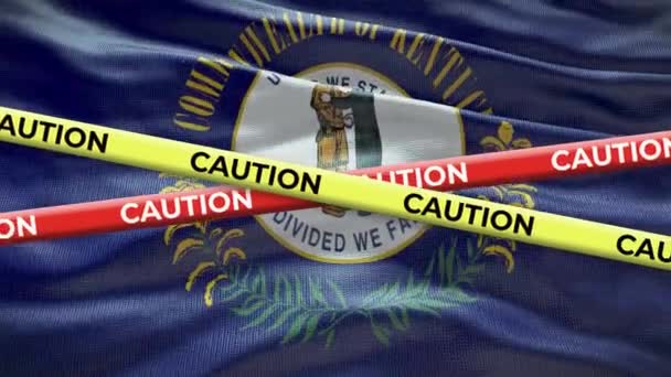Kentucky State Flag Waving Background Yellow Caution Tape Animation — Stock Video