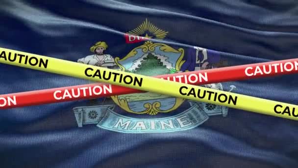 Flaga Stanu Maine Falująca Tło Żółtą Taśmą Ostrzegawczą Animacji — Wideo stockowe