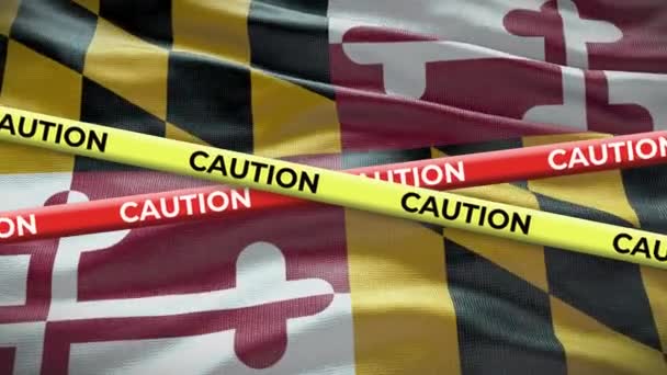 Maryland Stato Bandiera Sventola Sfondo Con Giallo Cautela Nastro Animazione — Video Stock