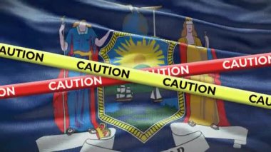 New York eyaleti bayrağı sarı uyarı bant animasyonuyla arka planda sallanıyor.