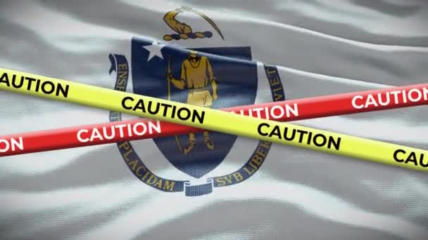 马萨诸塞州旗摇曳背景黄色警戒带动画 — 图库视频影像