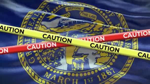 Nebraska Stato Bandiera Sventola Sfondo Con Animazione Nastro Cautela Gialla — Video Stock