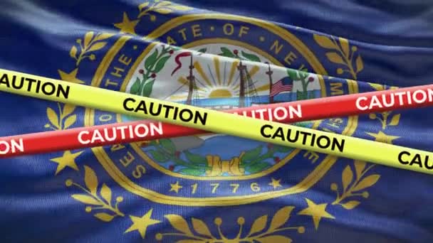 新罕布什尔州的国旗摇曳背景黄色警戒带动画 — 图库视频影像