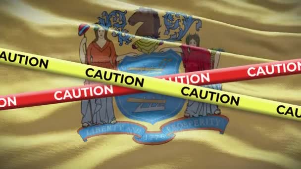 New Jersey Stát Vlajky Mávání Pozadí Žlutou Varovný Pásek Animace — Stock video