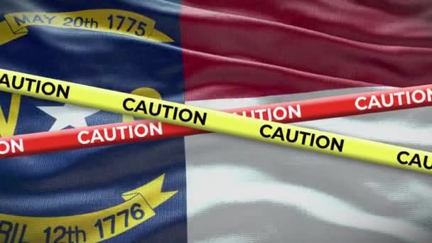 Flaga Stanu Karolina Północna Macha Tłem Żółtą Taśmą Ostrzegawczą Animacji — Wideo stockowe