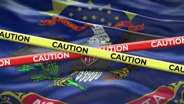 North Dakota State Flag Waving Background Yellow Caution Tape Animation — Stock Video
