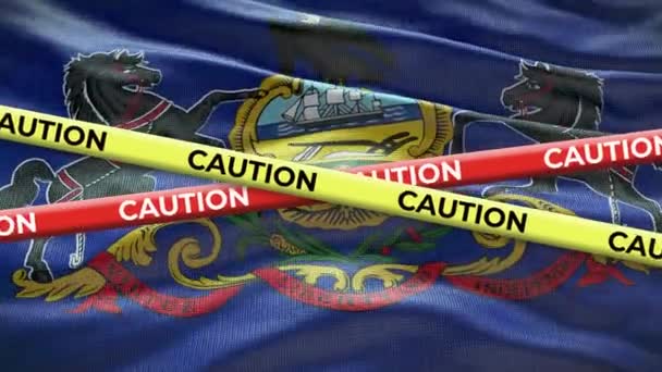 Pennsylvania Stato Bandiera Sventolando Sfondo Con Giallo Cautela Nastro Animazione — Video Stock