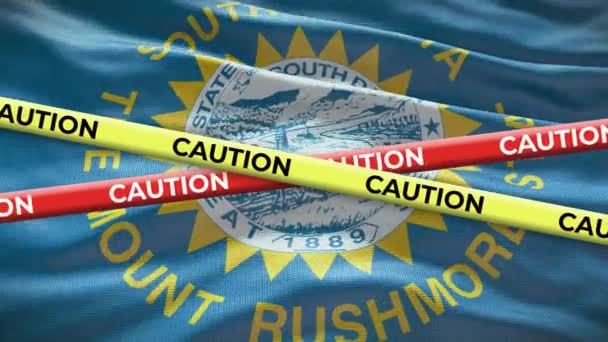 South Dakota Staat Vlag Zwaaien Achtergrond Met Gele Waarschuwing Tape — Stockvideo