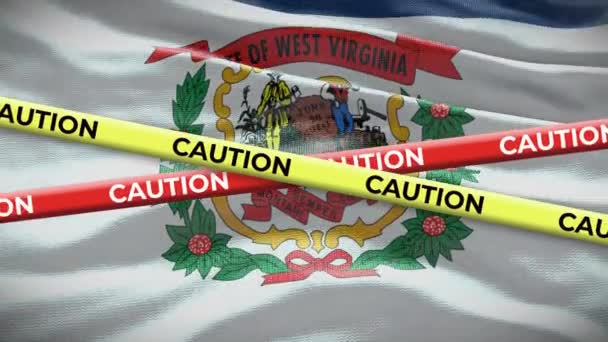 Západní Virginie Stát Vlajky Mávání Pozadí Žlutou Opatrnost Páska Animace — Stock video