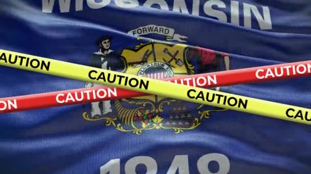 Wisconsin Stát Vlajky Mávání Pozadí Žlutou Varovný Pásek Animace — Stock video