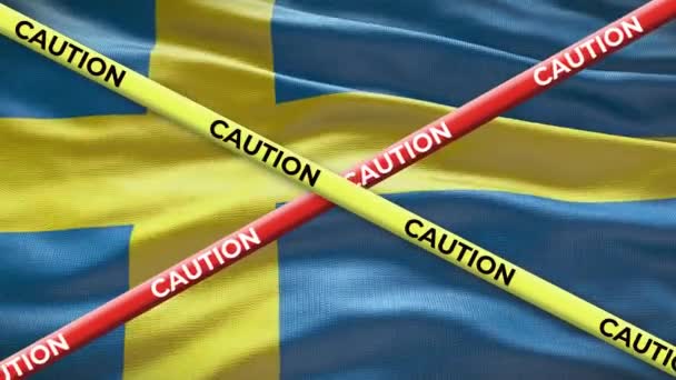 Flaga Narodowa Szwecji Animacją Taśmą Ostrzegawczą Zagadnienie Społeczne Kraju Ilustracja — Wideo stockowe