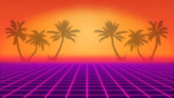 レトロゲームの背景 日没の背景 Orange Purple Retrowave Layout Palm Tree Copy Space — ストック写真