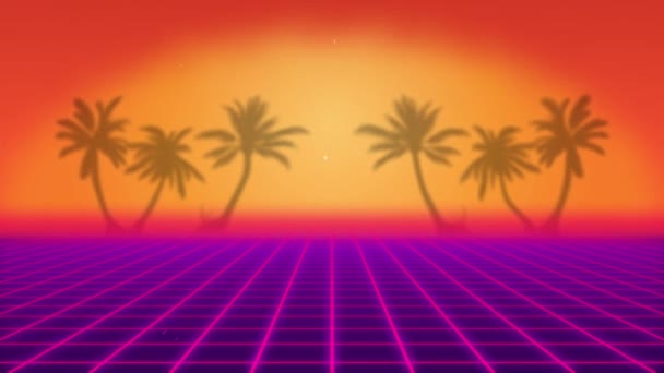 Retro Videogame Background Sunset Backdrop Orange Purple Retrowave Layout Palm — Stock Video