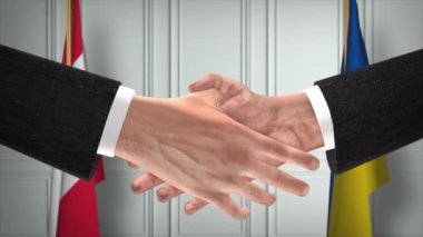 Avusturya ve Ukrayna diplomasisi animasyon ticareti yapıyor. İş adamı ortağı tokalaşması. Arka planda ulusal bayrak