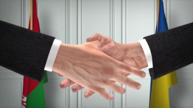 Belarus ve Ukrayna diplomasi animasyon anlaşması. İş adamı ortağı tokalaşması. Arka planda ulusal bayrak