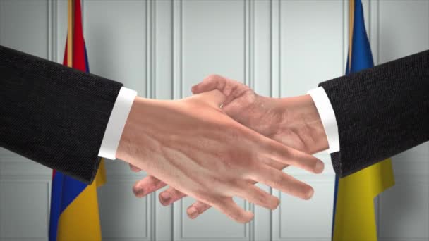 亚美尼亚和乌克兰的外交处理动画 商人搭档握手 背景上的国旗 — 图库视频影像