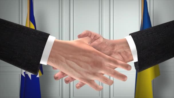 波斯尼亚和黑塞哥维那与乌克兰的外交处理动画 商人搭档握手 背景上的国旗 — 图库视频影像