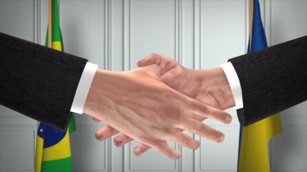 Бразильско Украинская Дипломатия Занимается Анимацией Деловое Партнерское Рукопожатие Государственный Флаг — стоковое видео