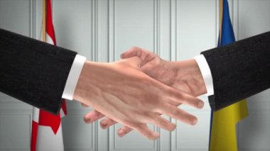Kanada ve Ukrayna diplomasi animasyon anlaşması. İş adamı ortağı tokalaşması. Arka planda ulusal bayrak