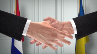 Fransa ve Ukrayna diplomasi animasyon ticareti yapıyor. İş adamı ortağı tokalaşması. Arka planda ulusal bayrak