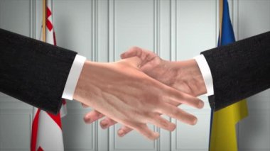 Gürcistan ve Ukrayna diplomasi animasyon anlaşması. İş adamı ortağı tokalaşması. Arka planda ulusal bayrak