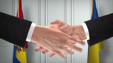 Moldova ve Ukrayna diplomasi animasyon ticareti yapıyor. İş adamı ortağı tokalaşması. Arka planda ulusal bayrak