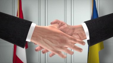 Peru ve Ukrayna diplomasi animasyon anlaşması. İş adamı ortağı tokalaşması. Arka planda ulusal bayrak