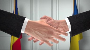 Romanya ve Ukrayna diplomasi animasyon anlaşması yapıyor. İş adamı ortağı tokalaşması. Arka planda ulusal bayrak