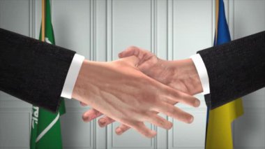 Suudi Arabistan ve Ukrayna diplomasisi animasyon anlaşması. İş adamı ortağı tokalaşması. Arka planda ulusal bayrak