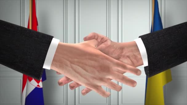 クロアチアとウクライナの外交はアニメーションを扱う ビジネスマンのパートナー握手 背景に国旗 — ストック動画