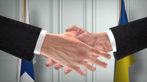 フィンランドとウクライナの外交はアニメーションを扱う ビジネスマンのパートナー握手 背景に国旗 — ストック動画