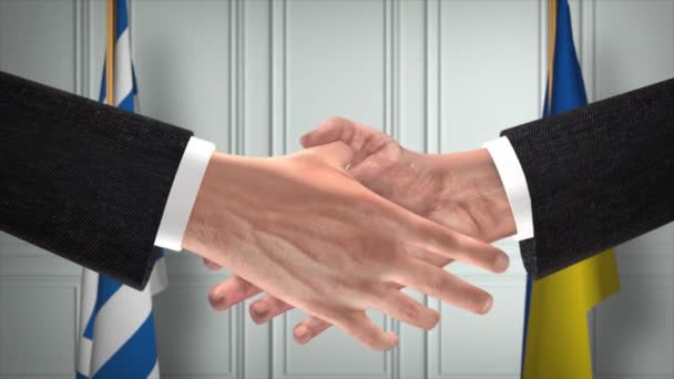Grecia Ucraina Semnat Acord Animaţie Businessman Partener Strângere Mână Drapelul — Videoclip de stoc
