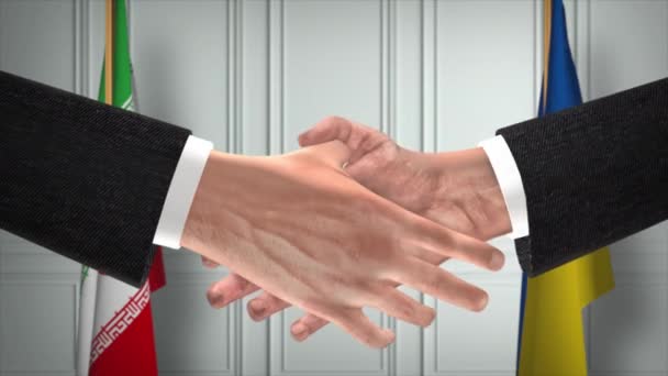 伊朗和乌克兰的外交处理动画 商人搭档握手 背景上的国旗 — 图库视频影像