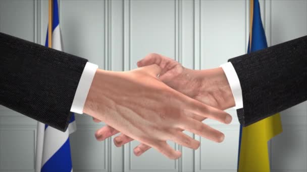 以色列和乌克兰的外交处理动画 商人搭档握手 背景上的国旗 — 图库视频影像
