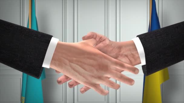 Kazachstan Oekraïne Diplomatie Deal Animatie Zakenman Partner Handdruk Nationale Vlag — Stockvideo