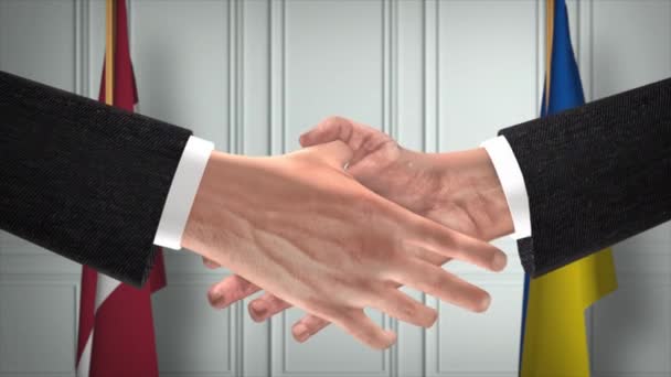 Letland Oekraïne Diplomatie Deal Animatie Zakenman Partner Handdruk Nationale Vlag — Stockvideo