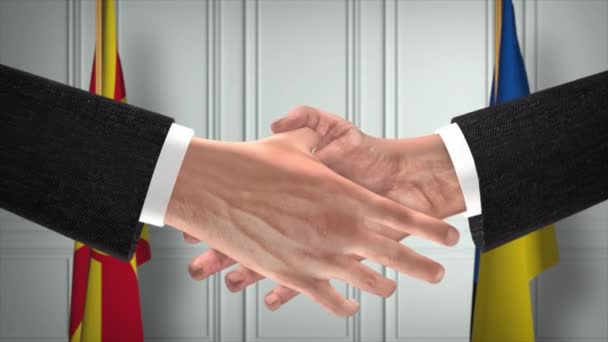 Nordmazedonien Und Die Ukraine Verhandeln Diplomatisch Geschäftspartner Handschlag Nationalflagge Hintergrund — Stockvideo