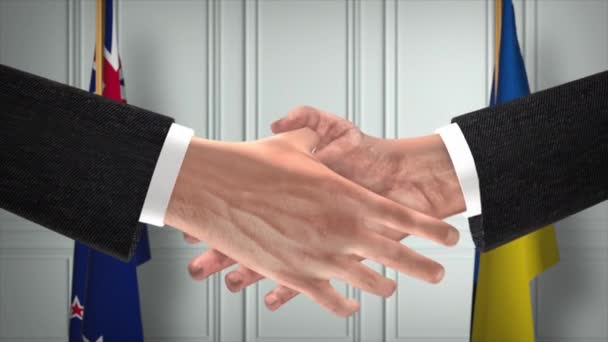 Noua Zeelandă Ucraina Animație Acord Diplomație Businessman Partener Strângere Mână — Videoclip de stoc