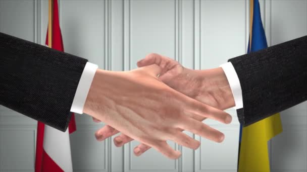 秘鲁和乌克兰的外交处理动画 商人搭档握手 背景上的国旗 — 图库视频影像