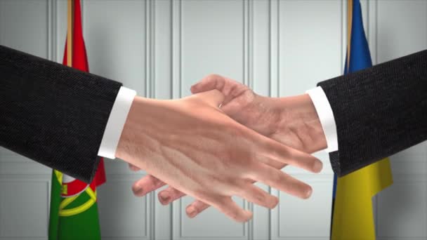 Португалия Украина Заключили Соглашение Анимации Деловое Партнерское Рукопожатие Государственный Флаг — стоковое видео